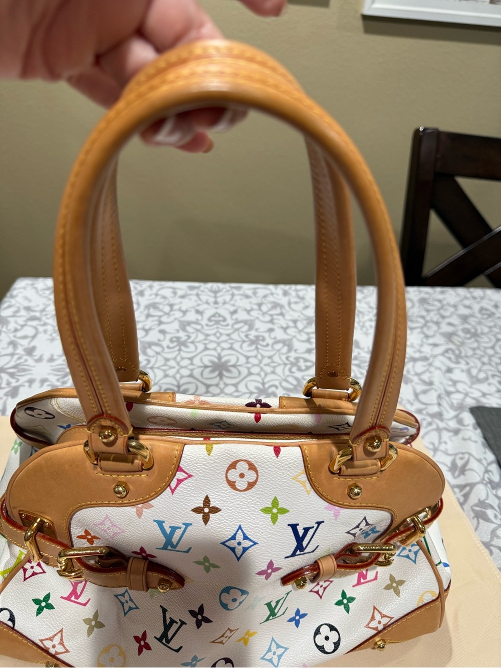 Louis Vuitton White Multicolor Monogram Canvas Shoulder Bag with Tan Trim - Picture 6 of 10